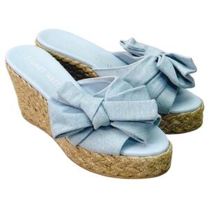 Stuart Weitzman Blue Loveknot Bow Espadrille Wedges Slide Heels
